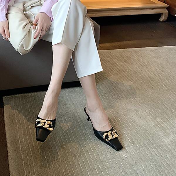 

Chain Decor Square Toe Mules, Black