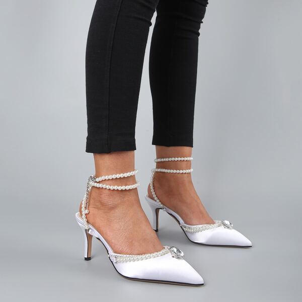 

Faux Pearl Decor Point Toe Pumps, White