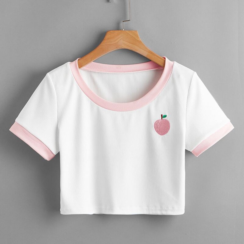 

Peach Embroidery Ringer Crop Tee, White
