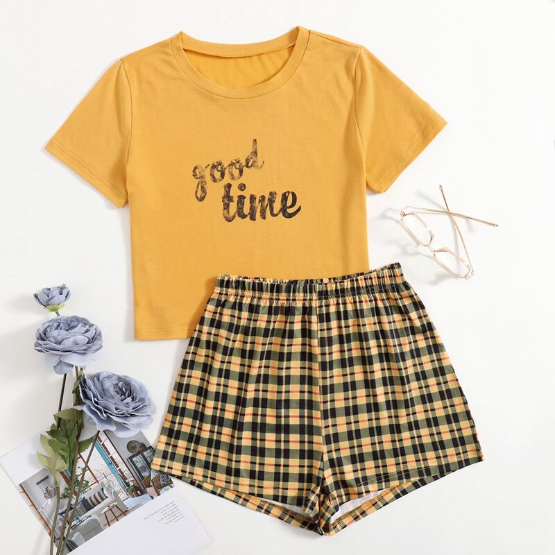 

Letter Plaid Shorts PJ Set, Multicolor