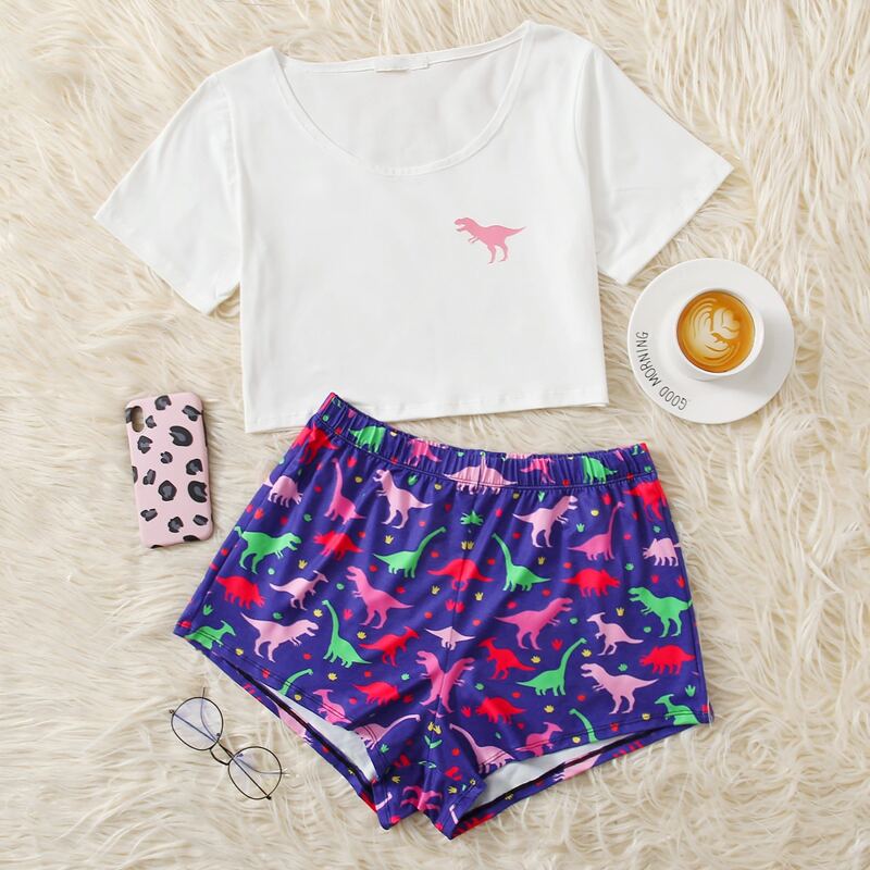 

Cartoon Dinosaur Print Shorts PJ Set, Multicolor