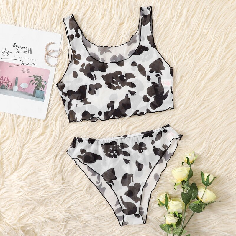 

Mesh Allover Print Lingerie Set, Black and white