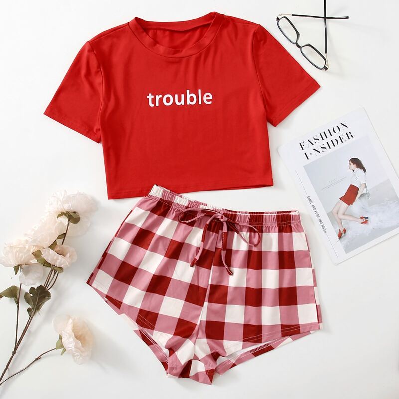 

Letter & Plaid Print Pajama Set, Multicolor