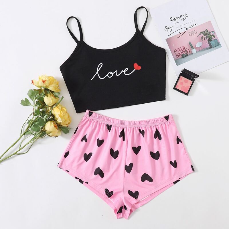 

Letter And Heart Print Cami Pajama Set, Multicolor