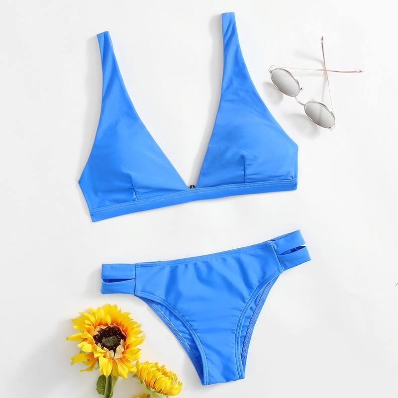 

Solid Plain Bikini Swimsuit, Blue