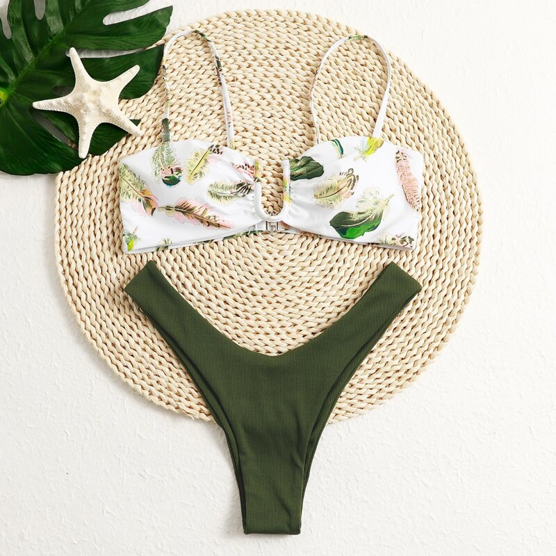 

Leaf Print High Leg Bikini Swimsuit, Multicolor