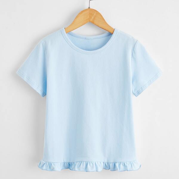 

Girls Solid Ruffle Hem Tee, Baby blue
