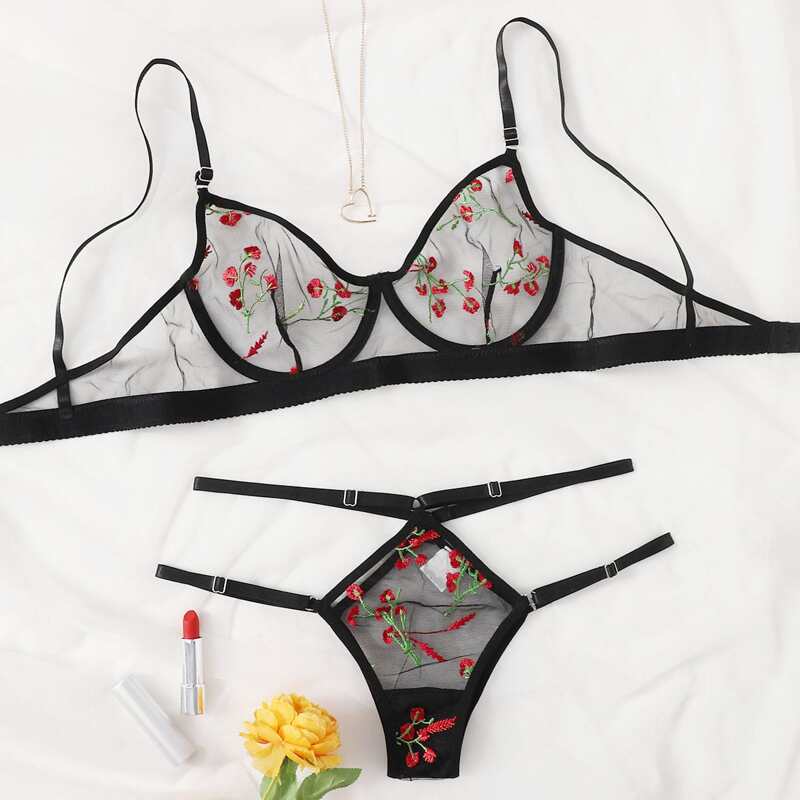 

Floral Embroidery Sheer Mesh Lingerie Set, Black