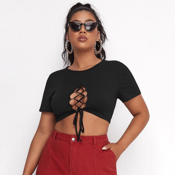 

Plus Lace Up Peekaboo Front Tee, Black