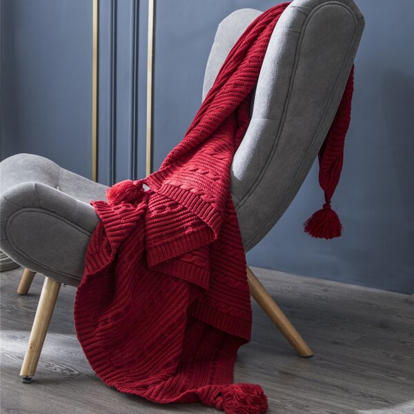 

Tassel Decor Knitted Blanket, Burgundy