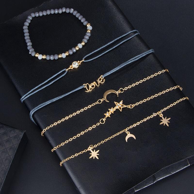 

6pcs Moon & Star Bracelet Set, Gold
