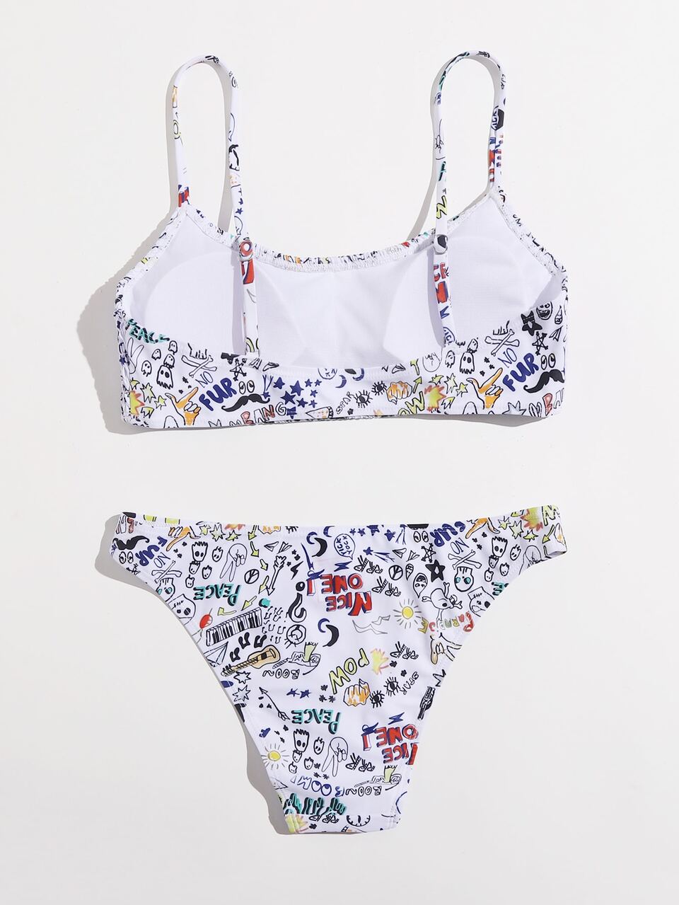 Cartoon Graffiti Smocked Bikini Set