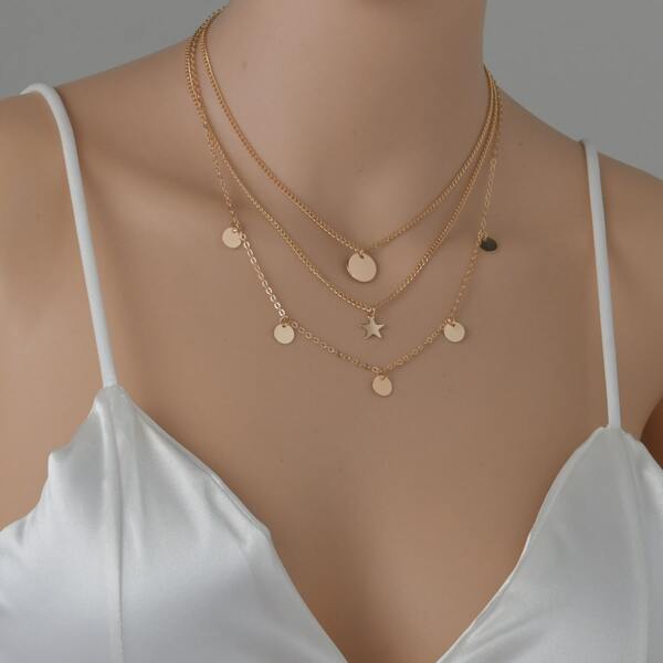 

Round & Star Charm Layered Necklace, Gold