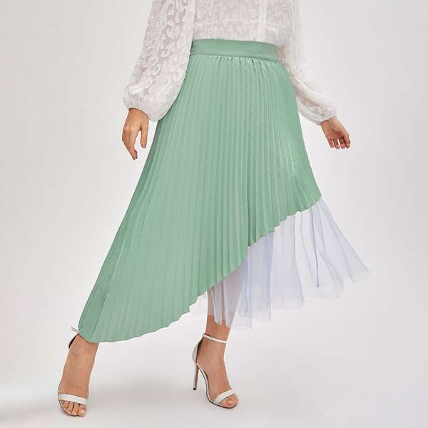 

Plus Contrast Mesh Panel Pleated Asymmetrical Skirt, Mint green