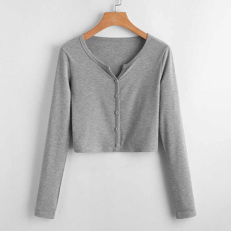 

Solid Button Front Crop Tee, Grey