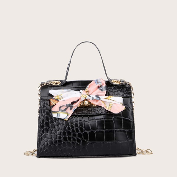 

Twilly Scarf Decor Croc Embossed Satchel Bag, Black