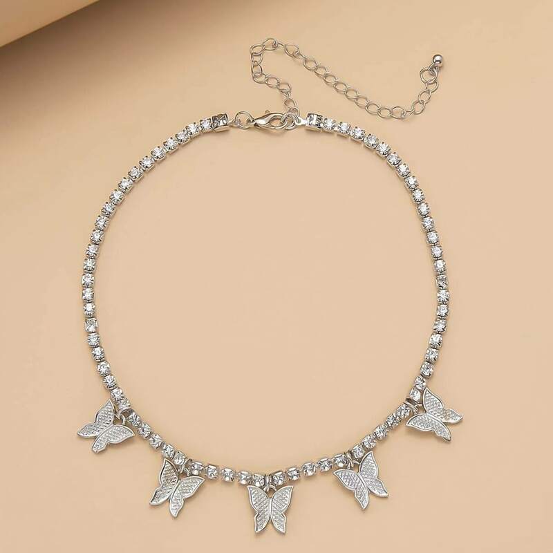 

Butterfly Charm Rhinestone Choker, Silver