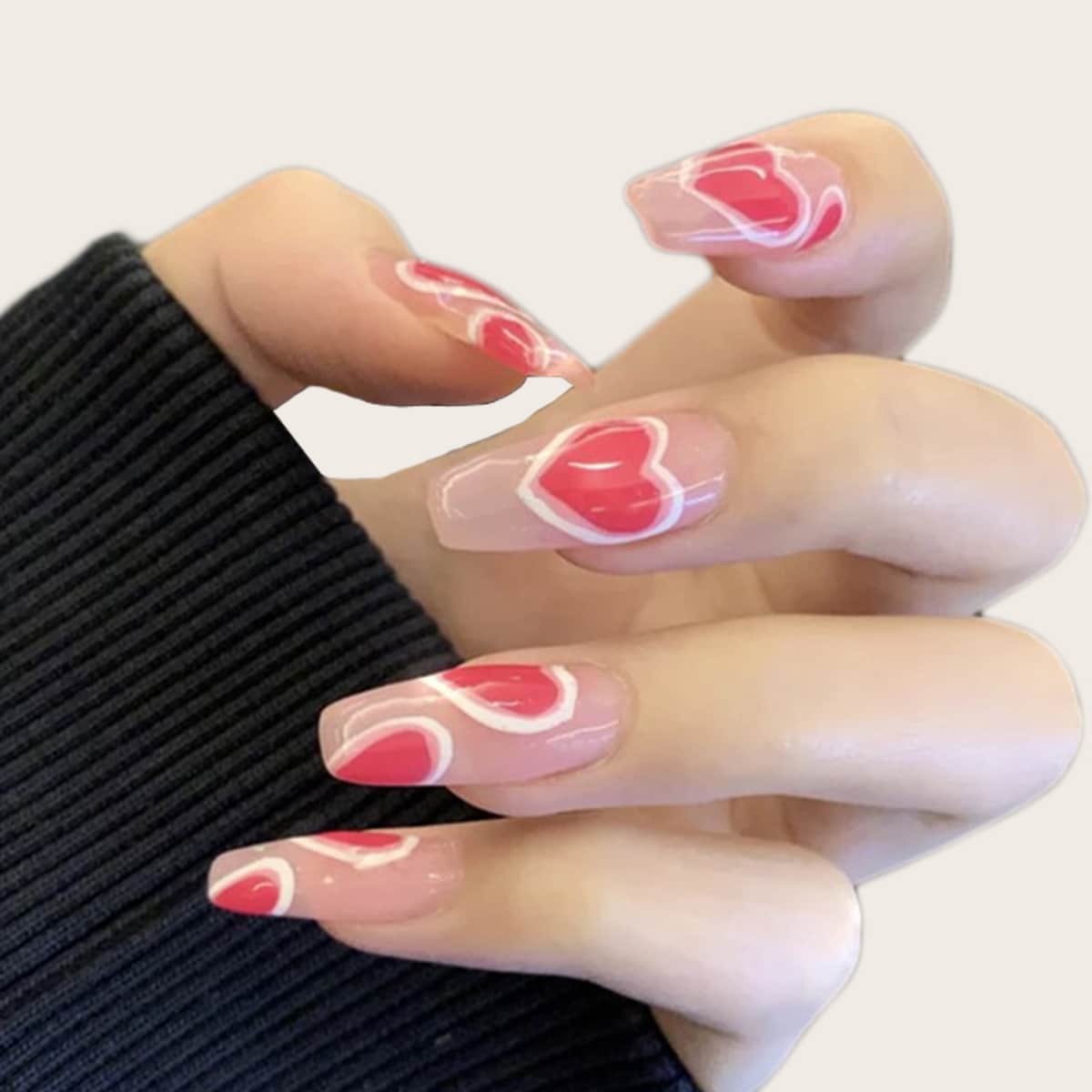 

24pcs Heart Pattern Fake Nail & 1sheet Tape, Multicolor