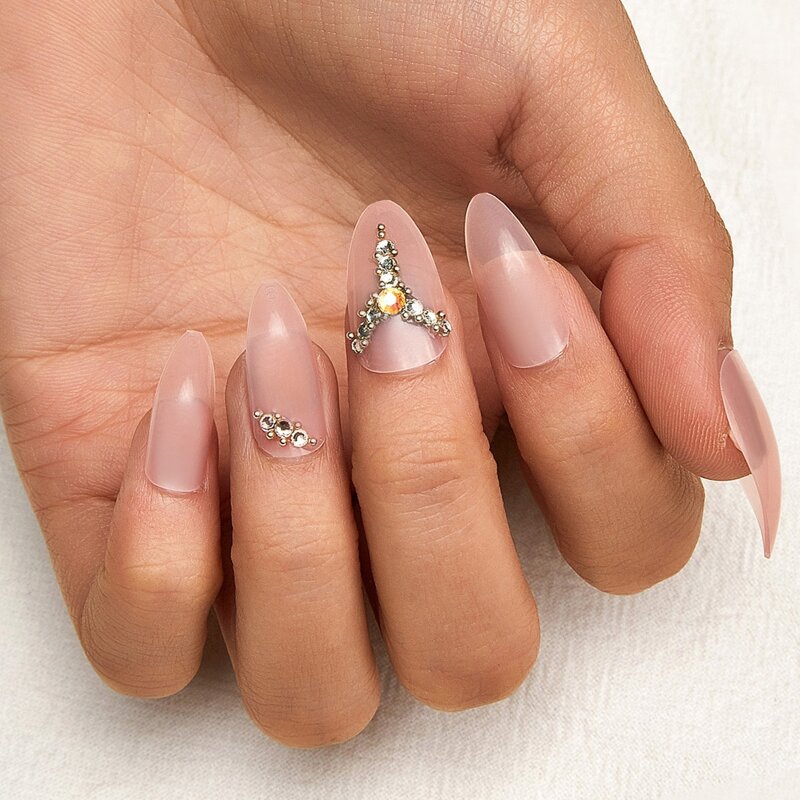 

24pcs Rhinestone Decor Fake Nail & 1sheet Tape, Pink