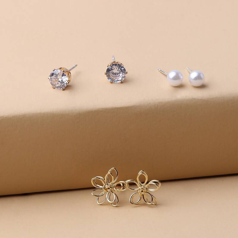 

3pairs Floral Stud Earrings, Gold