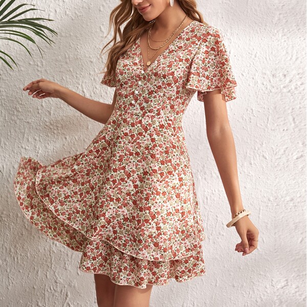 

Flounce Sleeve Button Front Layered Hem Floral Dress, Multicolor