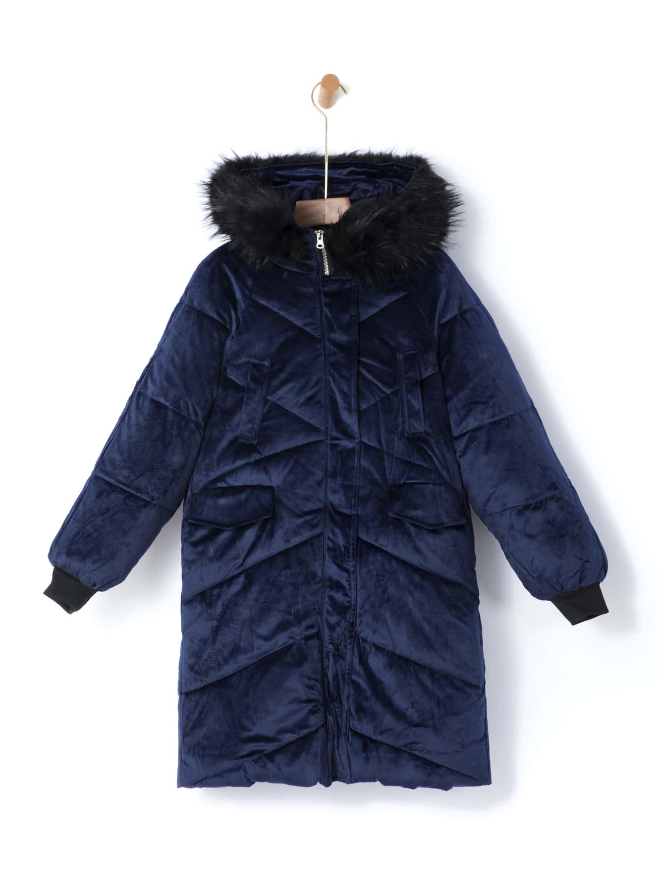 Áo khoác parka nhung có mũ trùm đầu và túi, chất liệu lông mềm mại. - Màu xanh hải quân - Xem 1