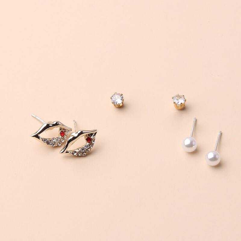 

3pairs Lip Stud Earrings, Silver
