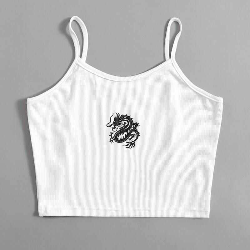 Chinese Dragon Graphic Crop Cami, White