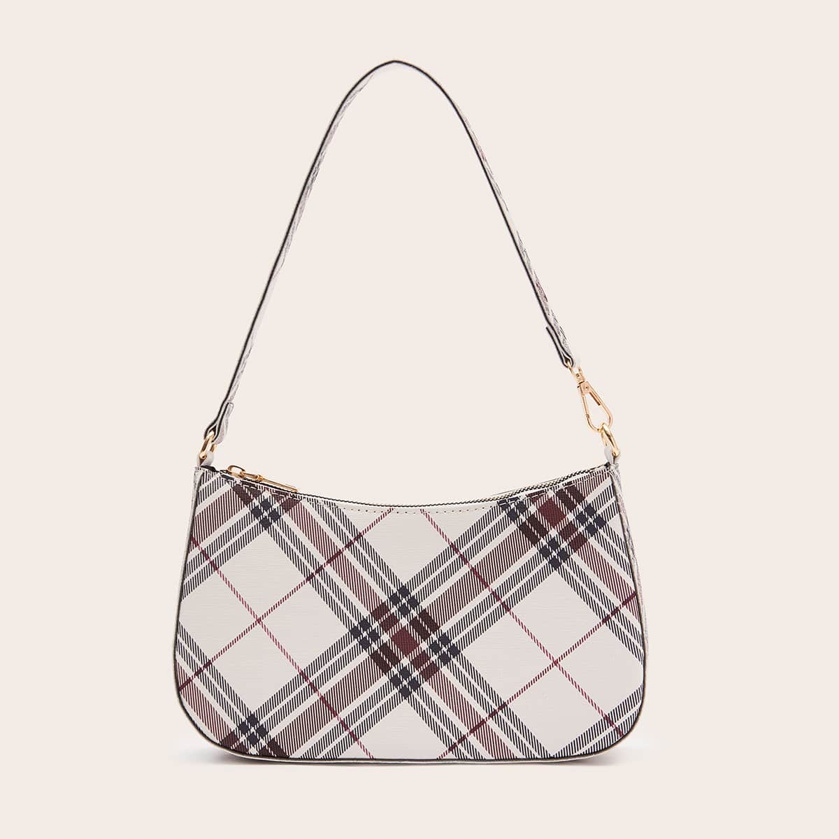 

Plaid Baguette Bag, White