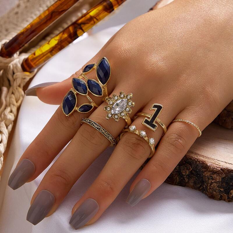 

6pcs Gemstone Ring, Multicolor