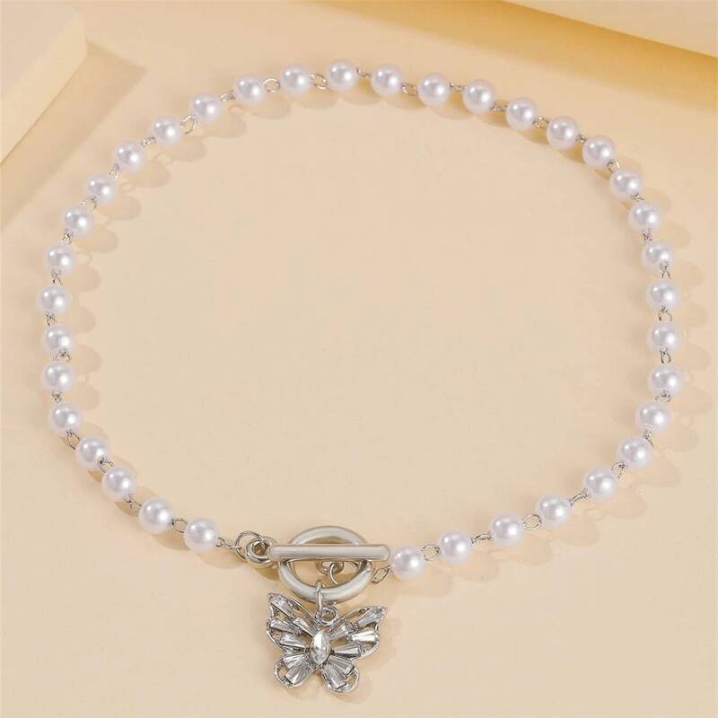 

Rhinestone Butterfly Faux Pearl Choker, Silver