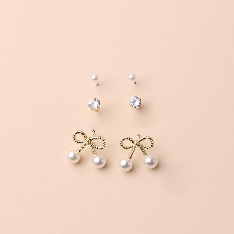

3pairs Bow Stud Earrings, Gold