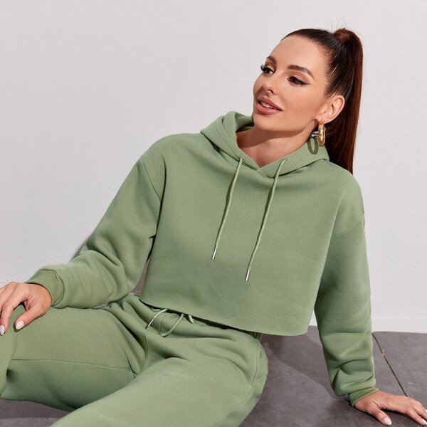 

Thermal Lined Drawstring Crop Hoodie, Army green