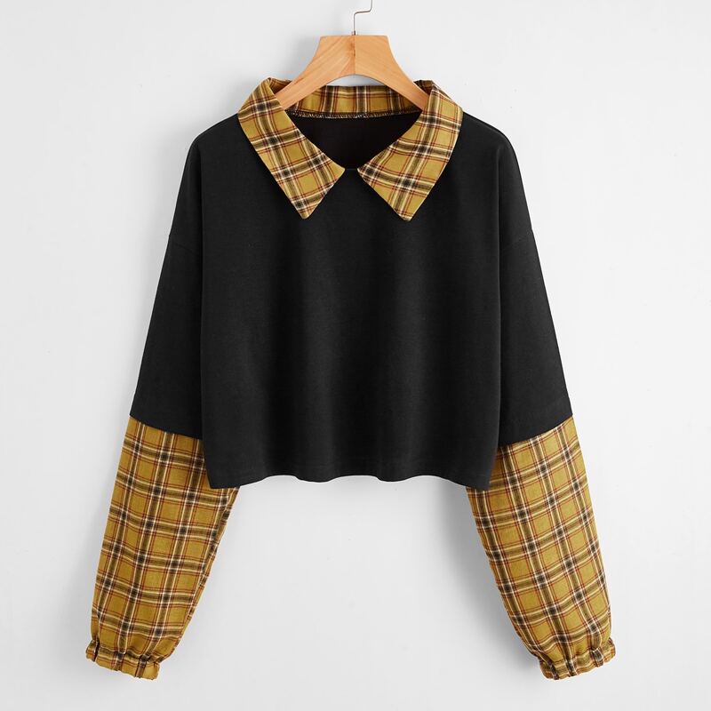 

Contrast Plaid-Collar Crop Tee, Multicolor