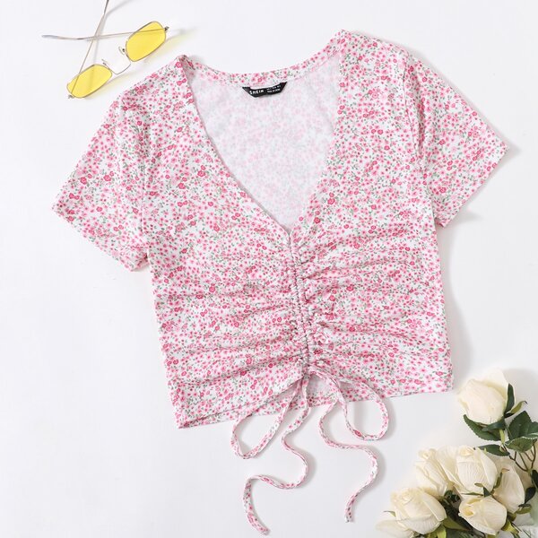 

Drawstring Front Ditsy Floral Tee, Multicolor
