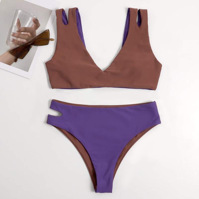

Two Tone Cut-out Bikini Swimsuit, Multicolor