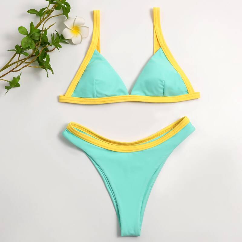 

Contrast Binding High Leg Bikini Swimsuit, Mint blue
