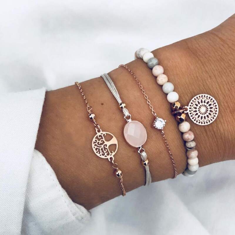 

4pcs Gemstone Decor Bracelet Set, Gold