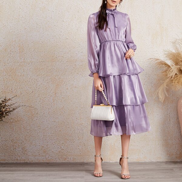 

Frilled Neck Tie Front Lantern Sleeve Layered Hem Dress, Lilac purple