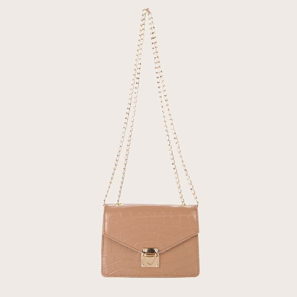 

Push Lock Croc Embossed Square Bag, Khaki