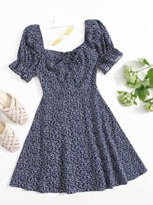 Soleia 滿版植物圖案抽繩前荷葉邊袖連衣裙 - 藏蓝色 - 查看 1