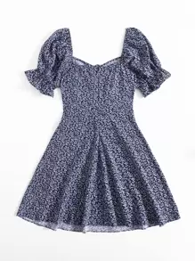 Soleia 滿版植物圖案抽繩前荷葉邊袖連衣裙 - 藏蓝色 - 查看 2