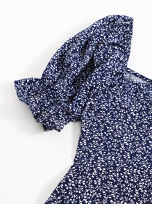 Soleia 滿版植物圖案抽繩前荷葉邊袖連衣裙 - 藏蓝色 - 查看 3