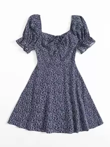 Soleia 滿版植物圖案抽繩前荷葉邊袖連衣裙 - 藏蓝色 - 查看 5