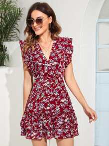 SHEIN VCAY Tie Backless Ruffle Armhole Layered Hem Ditsy Floral Dress - Burgundy - View 2