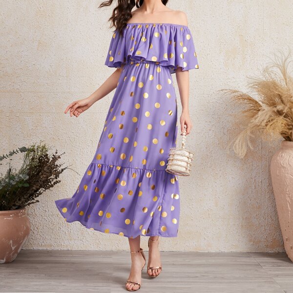 

Flounce Off Shoulder Gold Dot Print Dress, Violet purple
