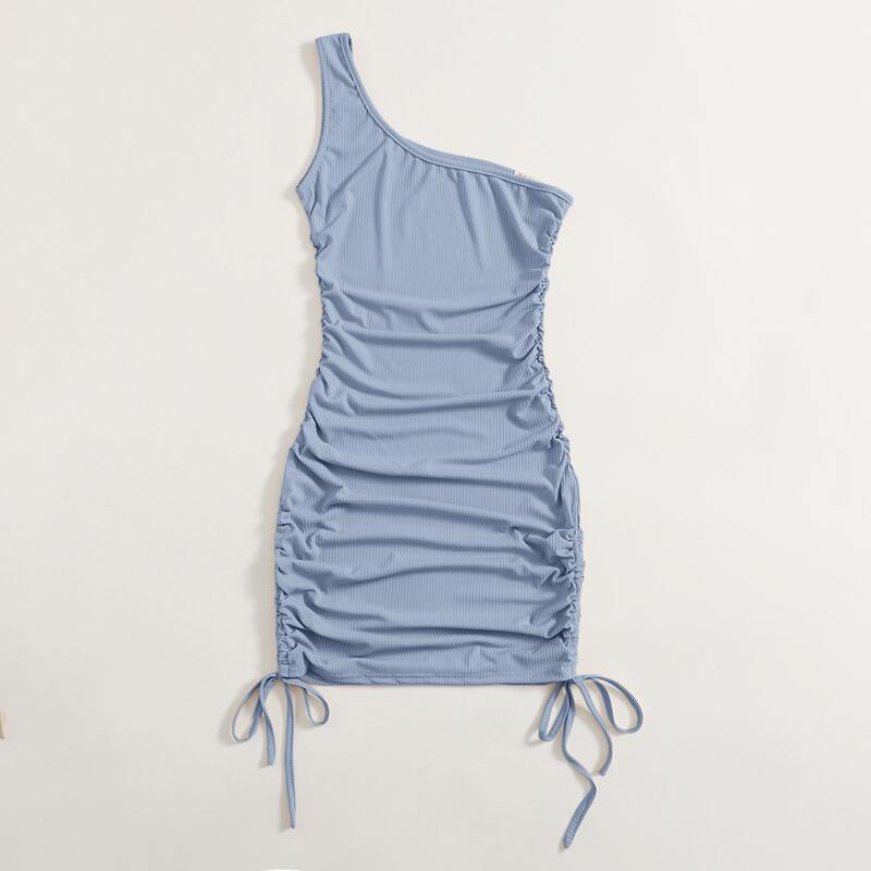 

One Shoulder Drawstring Side Dress, Dusty blue