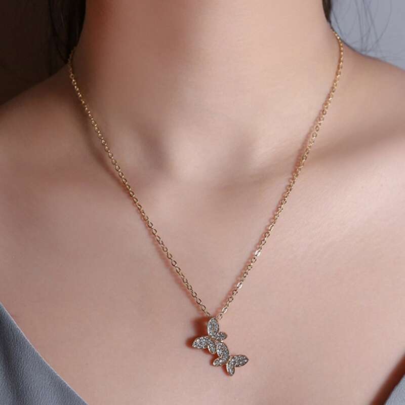 

Rhinestone Butterfly Charm Necklace, Gold