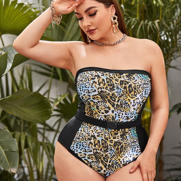 

Plus Leopard Bandeau One Piece Swimsuit, Multicolor