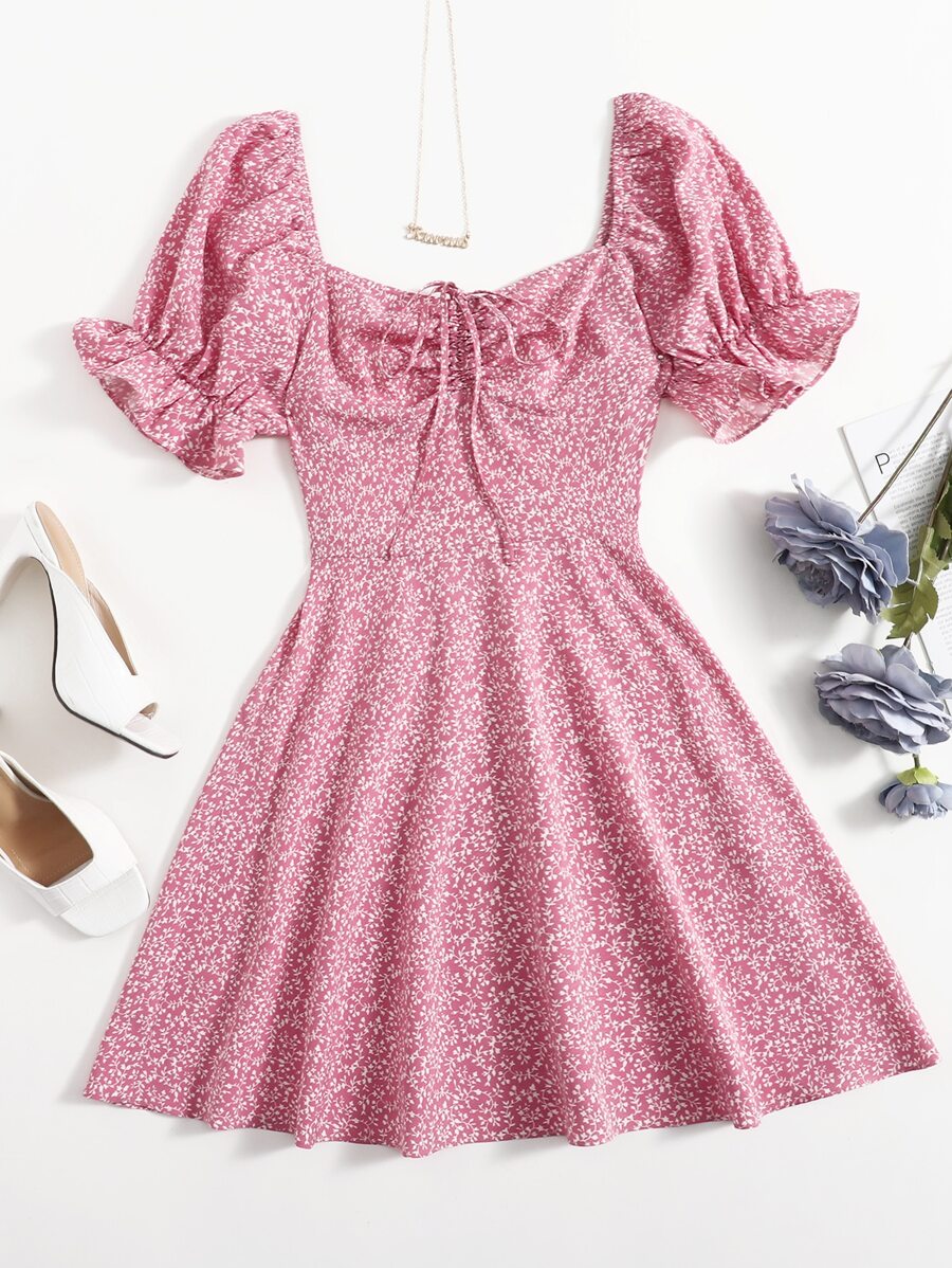 Soleia Allover Plants Print Drawstring Front Ruffle Cuff Dress,Pastel Dresses For Women - Dusty Pink - View 1